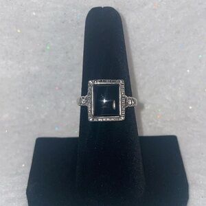 Black Stone Ring in Silver Tone